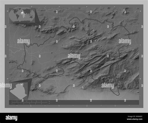 Batna, province of Algeria. Grayscale elevation map with lakes and rivers. Locations of major ...