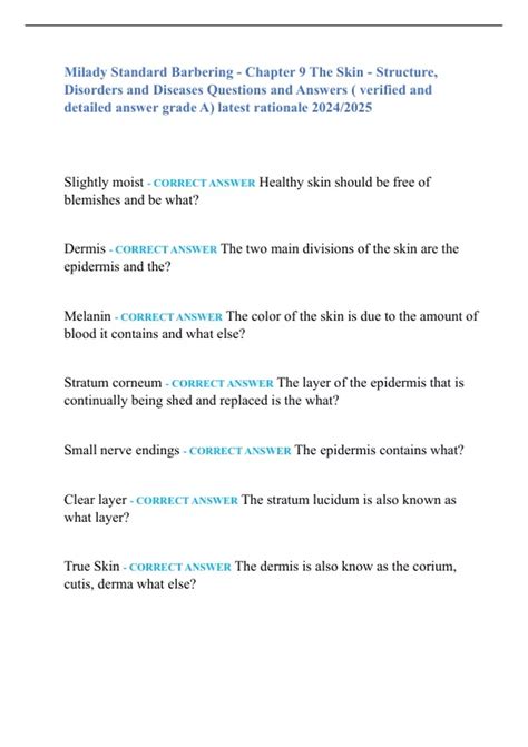 Milady Standard Barbering - Chapter 9 The Skin - Structure, Disorders and Diseases Questions and ...