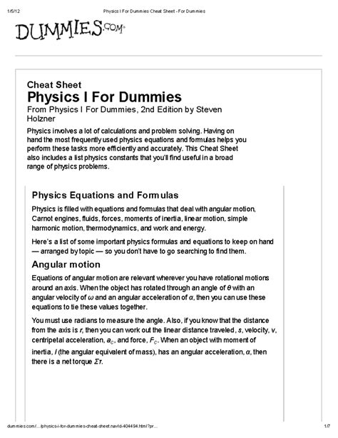 phy sheet good sheet - Cheat Sheet Ph\sics I For Dummies From Physics I ...