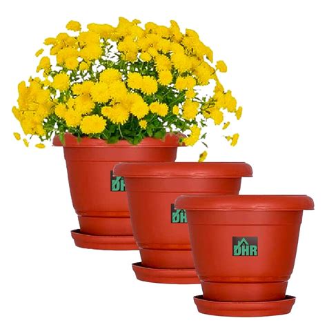 DHR Plastic Round Flower Pots | Planters with Bottom Plates - 3 Pcs (8 ...