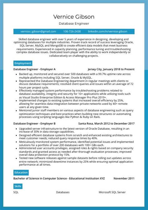 Image result for Database Engineer Resume Examples