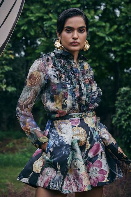 Buy Black Organza, Satin Ruffles Collared Gardenia Print Shirt And ...