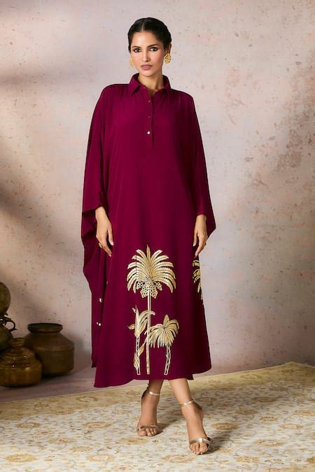 Buy Wine Crepe, Silk Foil Printing Collared Placed Kaftan For Women by ...