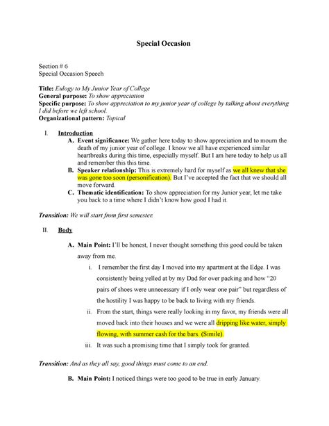 Special Occasion Speech - Special Occasion Section # 6 Special Occasion ...