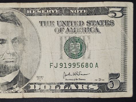 2003A Series $5 Bill SERIAL NUMBER -91995680- Five Dollar NOTE ...