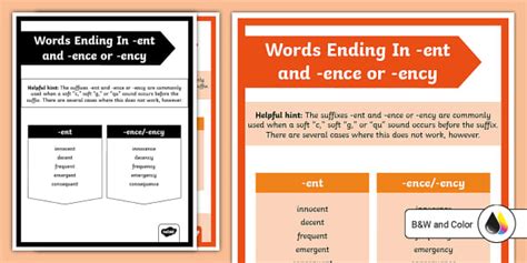 Words Ending In -ent and -ence or -ency Poster - Twinkl