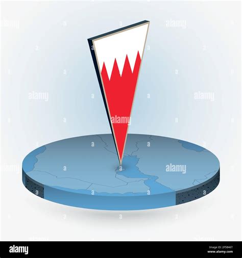 Bahrain map in round isometric style with triangular 3D flag of Bahrain, vector map in blue ...