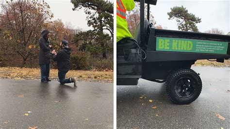 Marriage proposal shot blocked by passing park cleaner