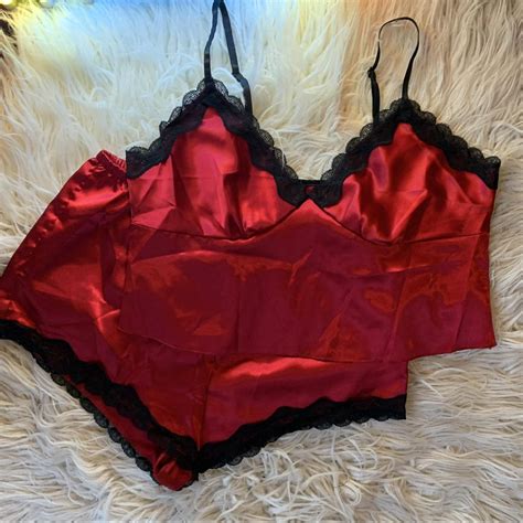 small red pajama set, runs large - Depop