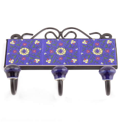 Navy Blue Yellow Wheel Floral Tiles Hooks
