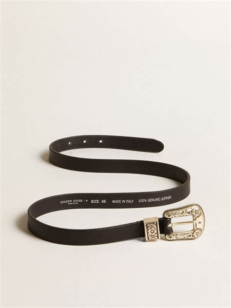 Black belt in washed leather with silver color buckle | Golden Goose