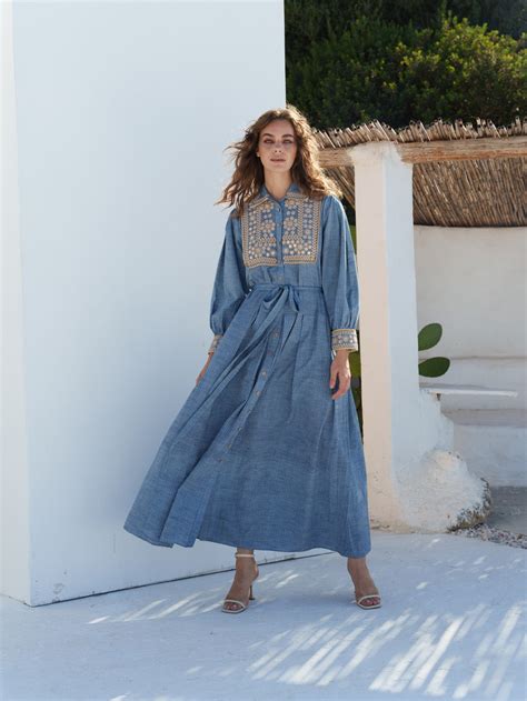 Blue stripe khadi mirror embroidered shirt dress with sash belt