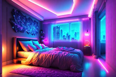 modern bedroom interior with neon lights glowing ambient in the evening ...