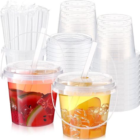Amazon.com: Funnymoom 50 Set Clear Plastic Cups 24 oz Ice Cream Buckets with Lids and Straws ...