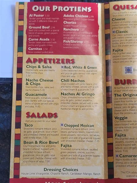 Menu at Taco Amigos restaurant, Harrisburg