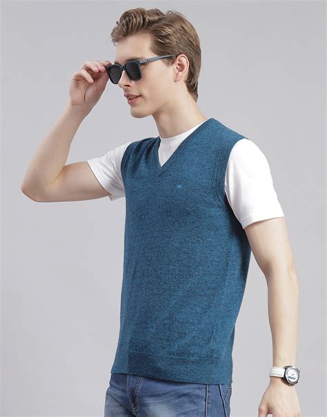 Buy Men Turquoise Blue Solid V Neck Sleeveless Sweater Online in India ...