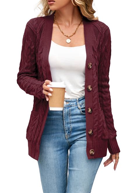 Women's Long Sleeve Cable Knit Sweater Open Front Cardigan Button Loose ...