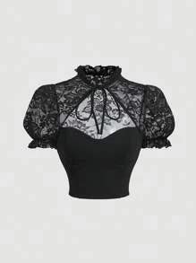 SHEIN MOD Contrast Lace Tie Neck Puff Sleeve Crop Tee | SHEIN USA