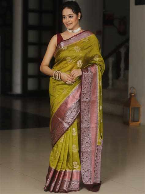 Banarasee Chiniya Katan Zari Buta & Contrast Border Saree-Olive Green