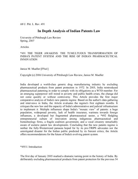In Depth Analysis of Indian Patent Law - 68 U. Pitt. L. Rev. 491 In ...