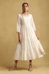 Buy White Cotton, Silk Embroidery Round Neck Tiered Dress For Women by ...