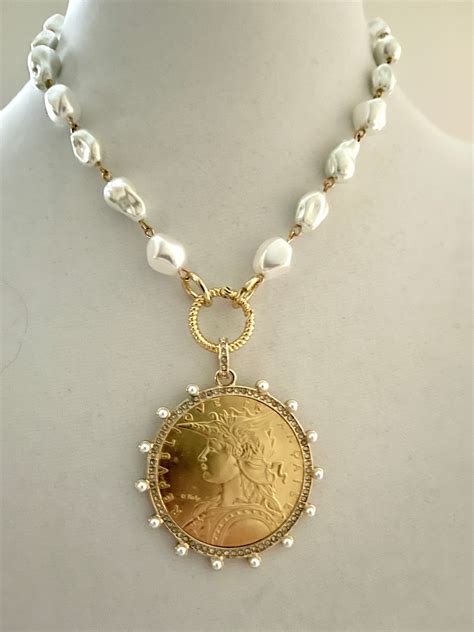 Gold Vintage Coin Necklace-Porcelain Pearl Chain Necklace-Reproduction ...