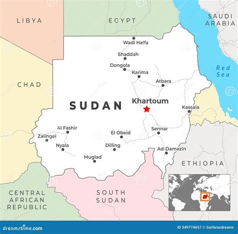 Sudan Political Map with Capital Khartoum, Most Important Cities with ...