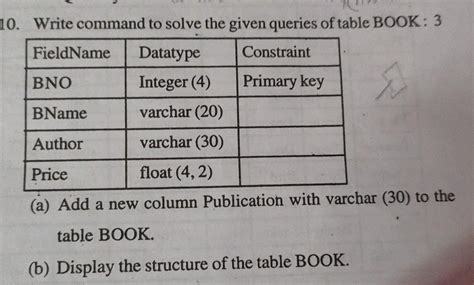 Write command to solve the given queries of table BOOK: 3 FieldName ...