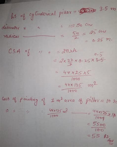 A cylindrical pillar is 50 cm in diameter and 3.5 m in height. Find the ...
