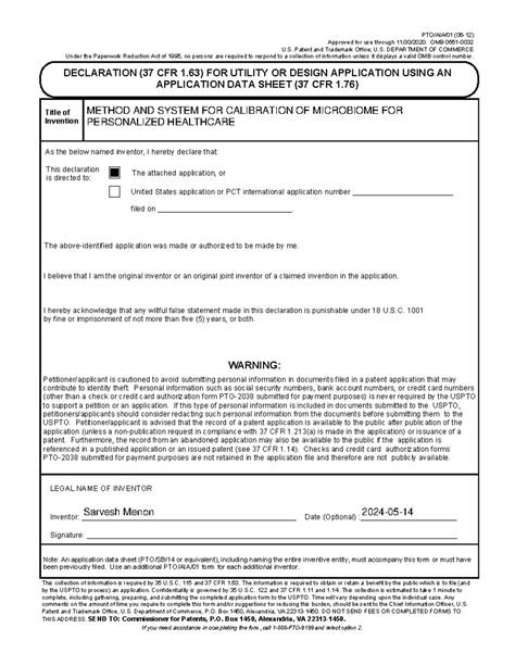 Inventor Declaration Form 202203701 US-CV Sarvesh Menon - PTO/AIA/ 01 ...