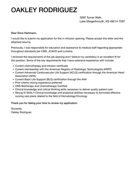 RN-Infusion Cover Letter | Velvet Jobs