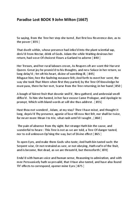 Paradise Lost BOOK 9 John Milton lines 850- 1055 - Paradise Lost BOOK 9 ...