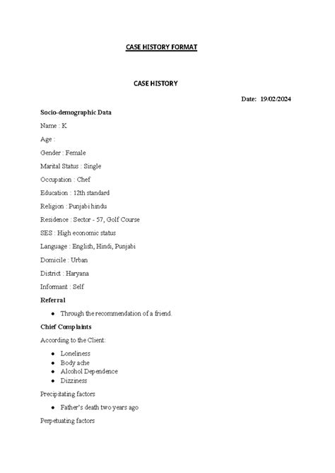 KIM'S CASE History - CASE HISTORY FORMAT CASE HISTORY Date: 19/02 ...