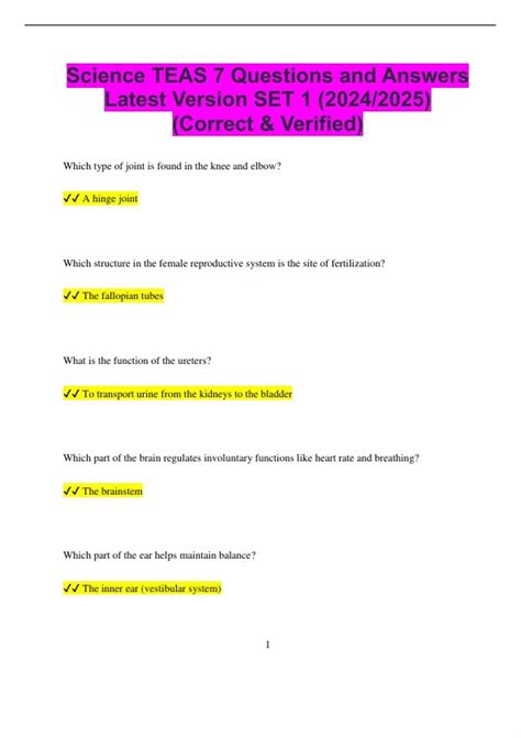 Science TEAS 7 Questions and Answers Latest Version SET 1 (2024/2025 ...