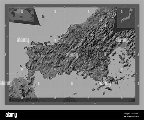 Yamaguchi, prefecture of Japan. Bilevel elevation map with lakes and rivers. Locations of major ...