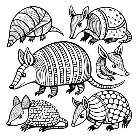 A set of six black and white line drawings of armadillos in different ...
