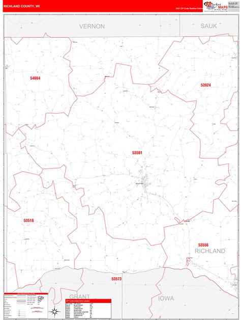 Richland County, WI Zip Code Wall Map Red Line Style by MarketMAPS ...