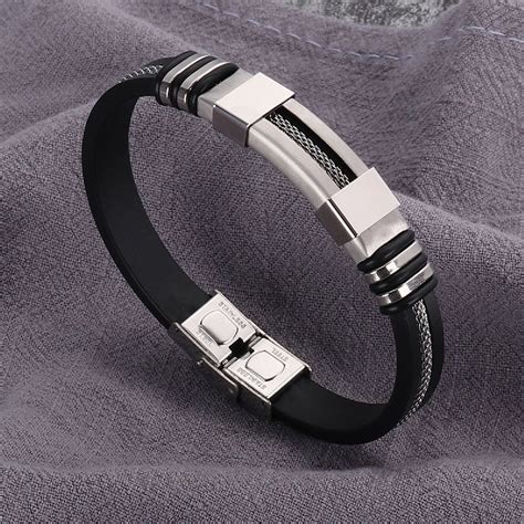 Stainless Steel Rubber Silver Black ID Wrist Band Bracelet For Men – ZIVOM