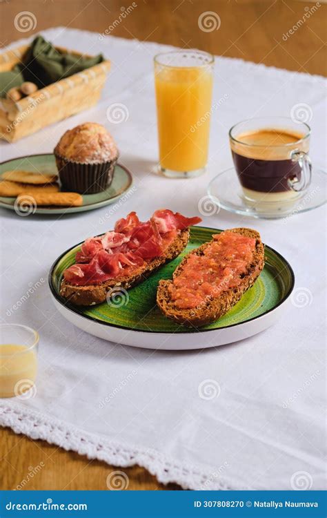 Spanish Breakfast, Two Sandwiches with Grated Tomato and Salted Thinly ...