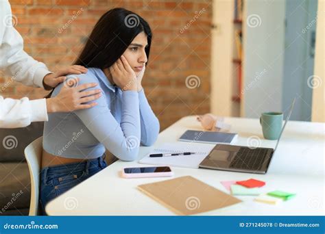 Worried Mother Calming Her Sad Spanish Teenage Daughter, Lady Sitting ...