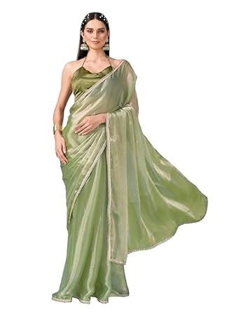 Buy Tikhi Imli Green Colored Shimmer Satin Lace Saree With Unstitched ...