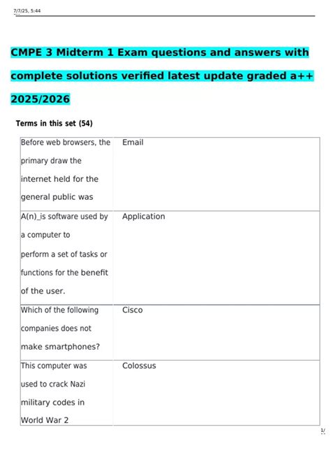 CMPE 3 Midterm 1 Exam questions and answers with complete solutions ...
