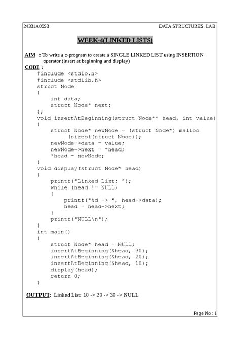 24331A05S3 DATA STRUCTURES LAB: Single Linked List Operations - Studocu
