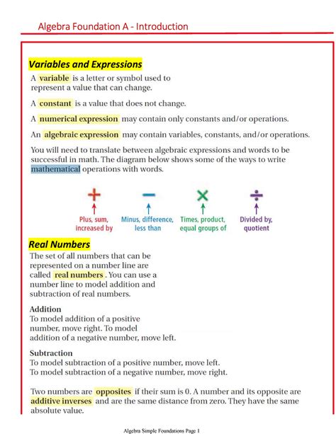 Algebra Foundation A - Introduction - Variables and Expressions Real ...