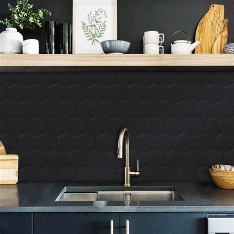 Deep Black Hexagon Peel and Stick Backsplash Tile - Thicker Design Mat ...