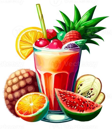 Tropical Cocktail drink with straw and fruits isolated. Clip art ...