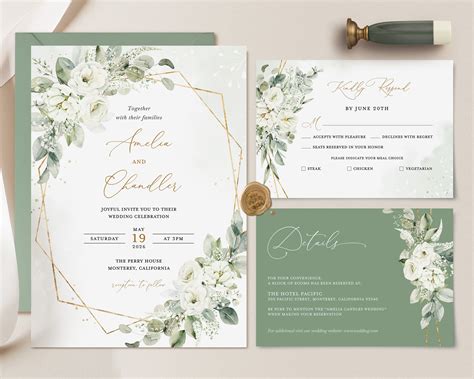 Sage Green Wedding Invitation Template Gold and White Floral - Etsy ...