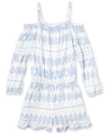 Girls Long Sleeve Floral Print Woven Off Shoulder Romper - WHITE | The ...