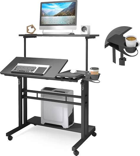 Panta Adjustable Rolling Desk with 3 Desktops, Cup Holder, India | Ubuy