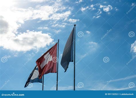 Swiss National and Zurich Canton Flag with Blue Cloudy Sky Stock Image - Image of landmark ...